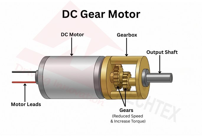 Labeled Diagram of a DC Gear Motor Showing Motor Leads, Gearbox, Gears, and Output Shaft