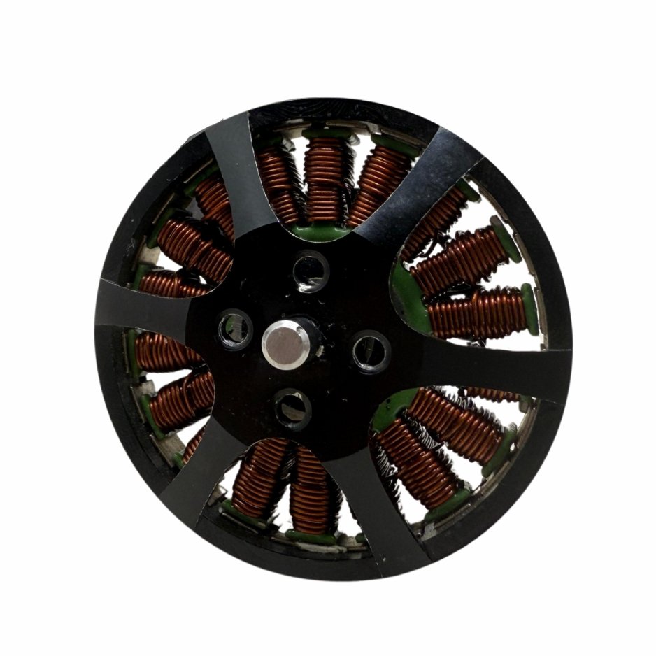 BLDC drone motor with exposed copper windings and circular open-frame design