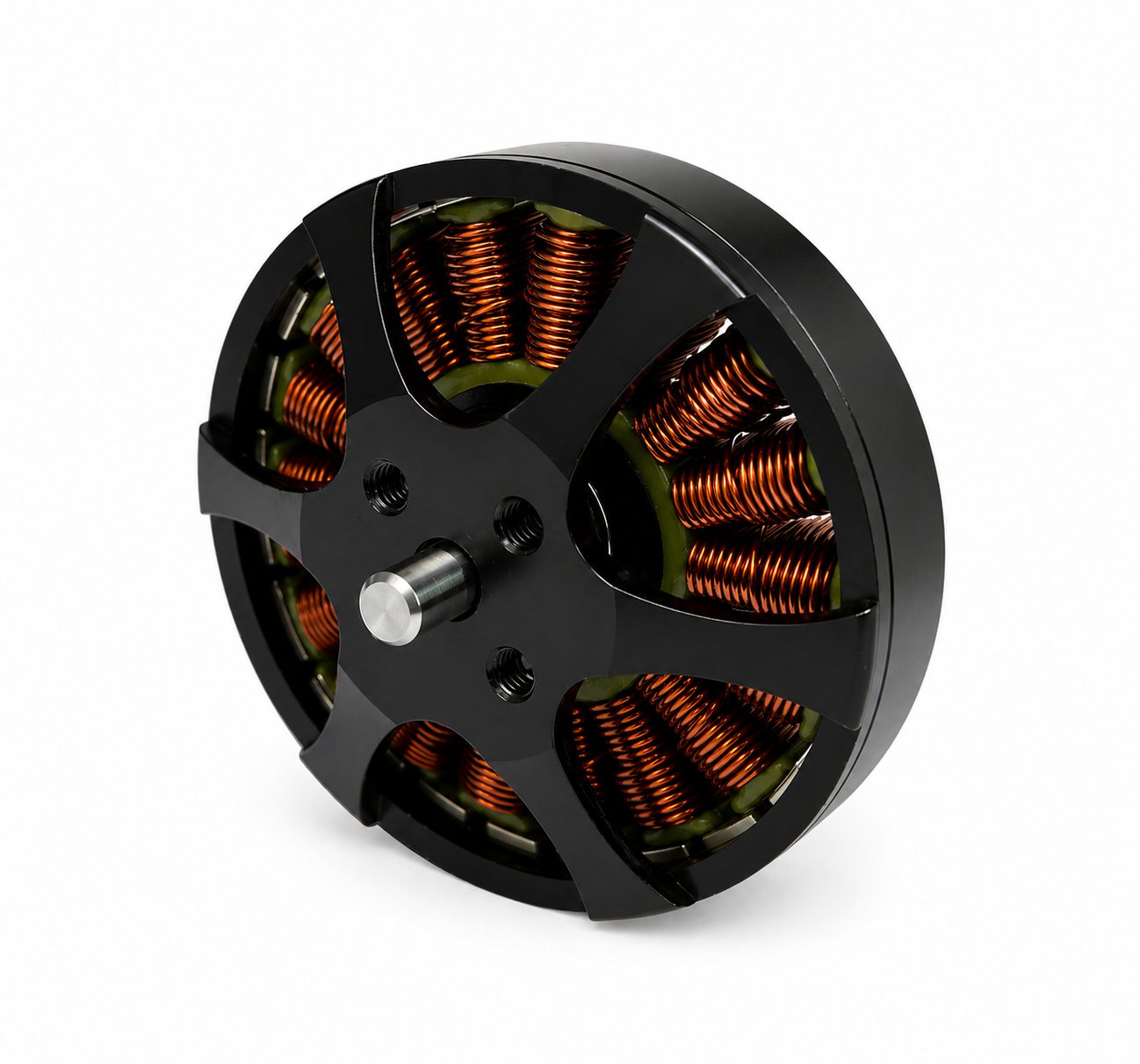 BLDC drone motor with exposed copper windings and circular open-frame design