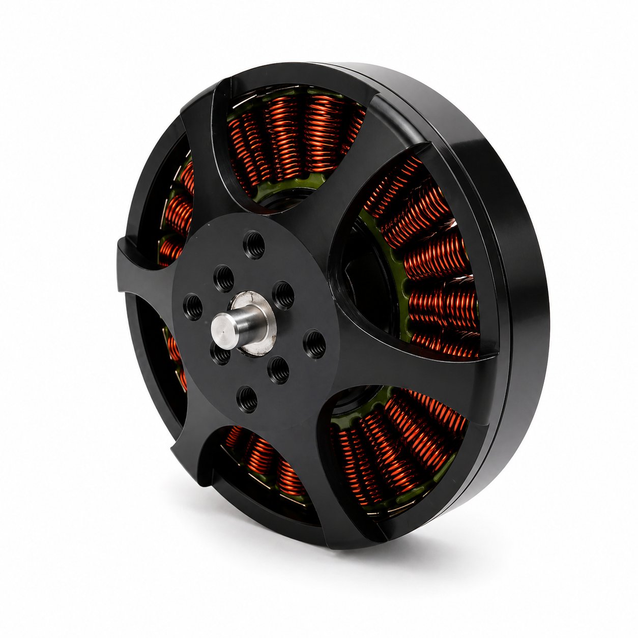 Drone motor with visible copper coil segments and circular black rotor frame