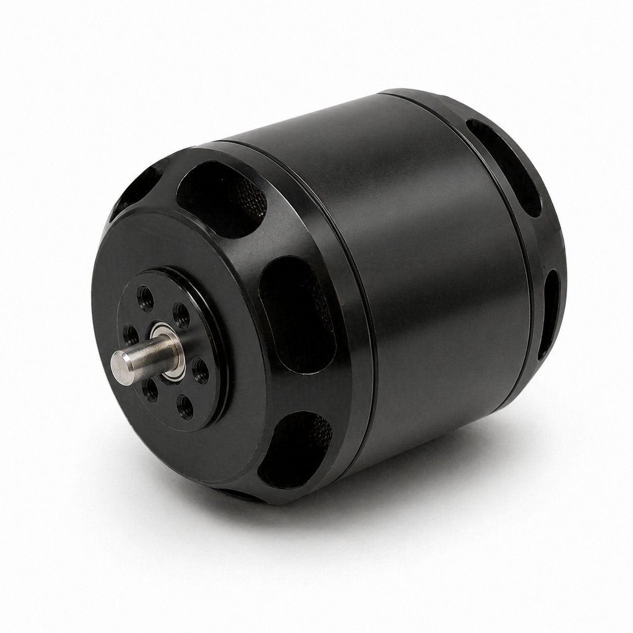 Small drone motor with vented black housing and central top shaft