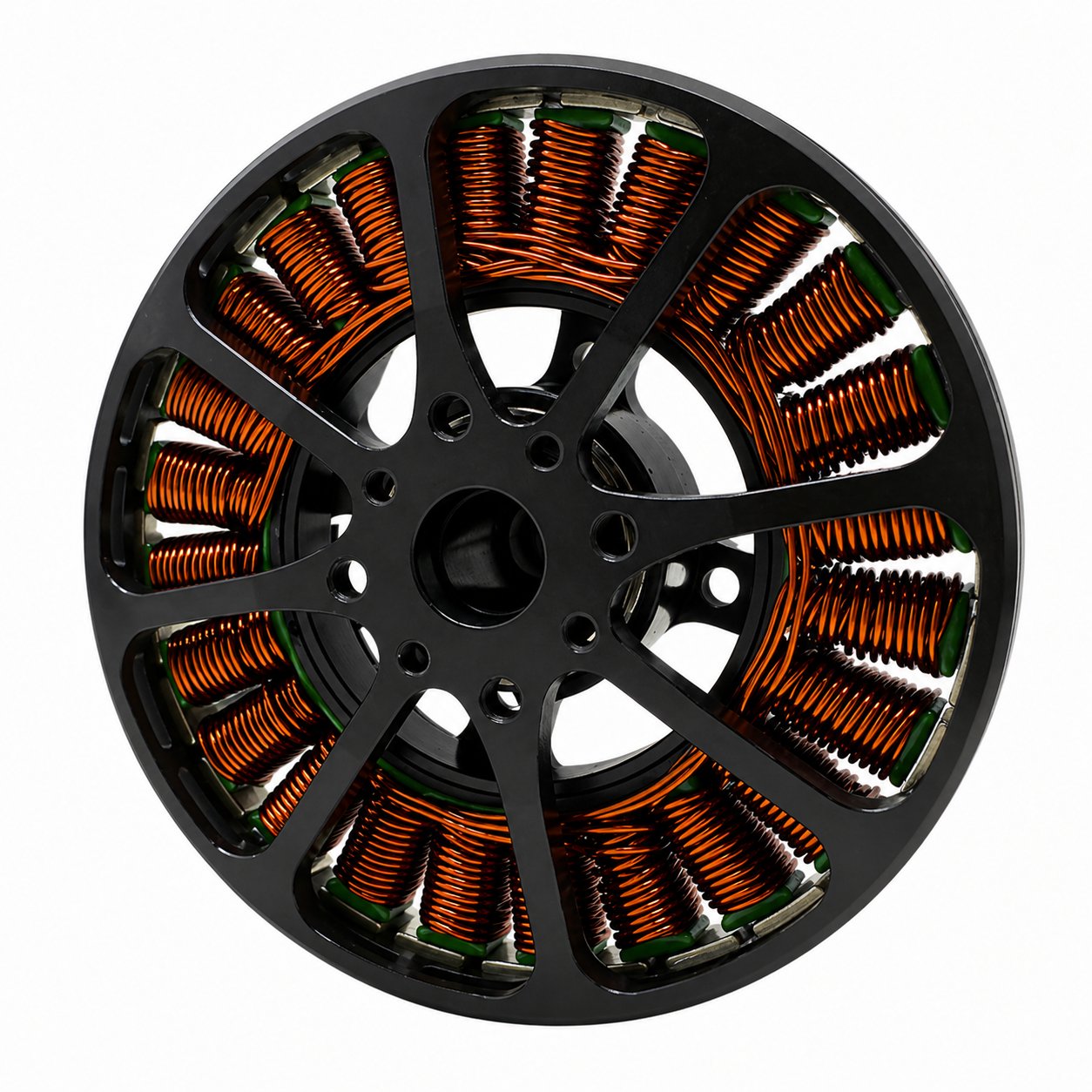 Brushless drone motor with open circular frame and exposed copper windings